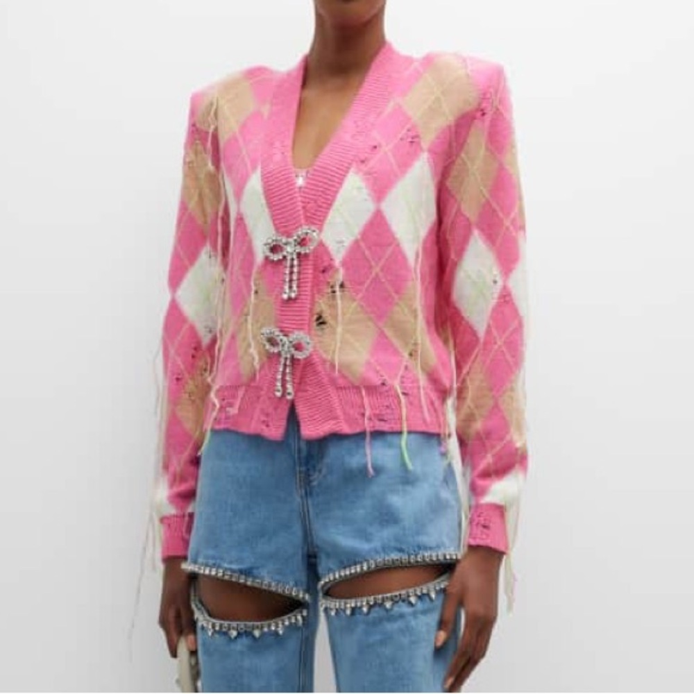 AREA distressed argyle cardigan with crystals size L / XL